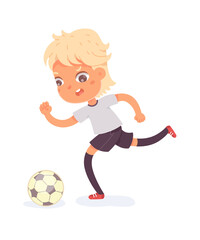 Boy running with ball at football practice. Happy little kid playing sport in uniform vector illustration. Smiling child runs with ball in front of foot on white background