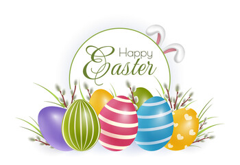 Easter vector card with realistic decorated 3D eggs, bunny ears, willow and flowers. Handwritten calligraphic inscription Happy Easter.