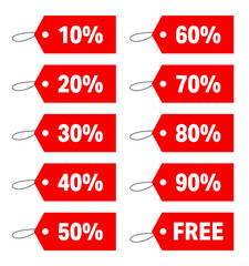 Red pricetags isolated on a white background. Special offers and discount tags with different percentages / Røde prisskilte isoleret på en hvid baggrund. Procent prismærker, Vector