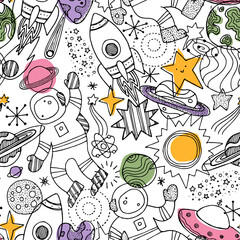 Various space elements seamless pattern. Linear graphic. Scandinavian minimalist style. 