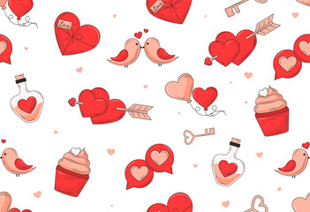 Icons set for Valentine day, wedding and romantic dating. Pattern. Vector cartoon love symbols, red heart with arrow, ring, cake, wine glasses for couple, letter, calendar and perfume

