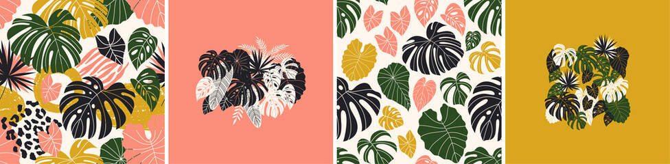 Tropical leaves patterns and compositions. Exotic palm leaves backgrounds collection. - obrazy, fototapety, plakaty