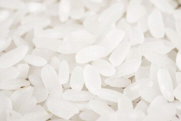 Fototapeta na wymiar White long rice close up background, uncooked raw cereals, macro