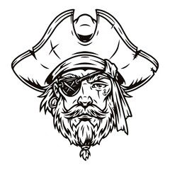 Pirate face wearing hat and eye patch, monochrome vintage vector