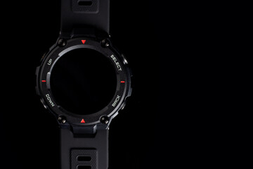 Smart watch concept on black background, display turned off
