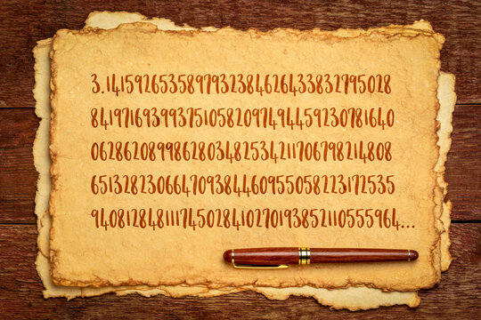 number pi 3.1415 with 140 decimal places - handwriting on a retro handmade paper, mathematics and pi day concept