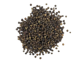 Black peppercorns on a white background. Heap of peppercorns top view. Hot spices for dishes.