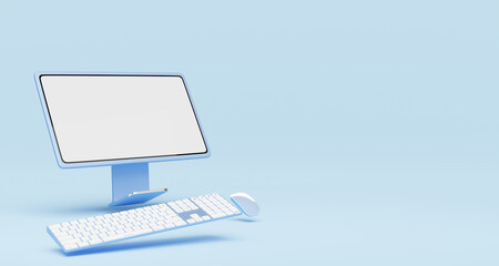 Computer monitor with wireless mouse, keyboard float on blue background. Social media marketing online, e commerce, Website digital store, shop app concept. Desktop blank white screen. 3d render.