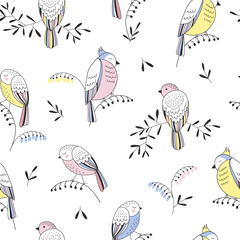 Cute doodle birds on sprigs vector seamless pattern. Line art style spring nature background. Bloomy design for nursery and baby fashion.