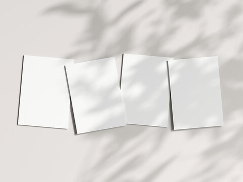 Four vertical cards mockup in boho, invitation mockup, greeting card on beige background, 3d render