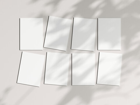 Eight vertical cards mockup in boho, invitation mockup, greeting card on beige background, 3d render
