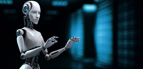 Cyborg Robot 3d render blurred background. RPA Automation AI.