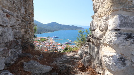 Top view of Limenas city and it's harbor from the Acropolis of Ancient Thasos