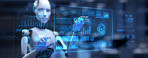 Cyborg Robot 3d render. Robotic process automation RPA data analysis. - obrazy, fototapety, plakaty