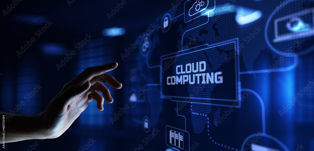 Poster cloud computing technology concept. business infrastructure service. hand pressing button.