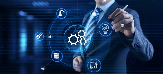 Fototapeta na wymiar Gears icons business process automation innovation technology concept. Businessman pressing button on screen.