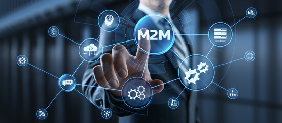 M2M Machine to machine industrial technology concept. Businessman pressing button.