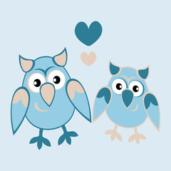 two owls in love with hearts. Cartoon birds. Pastiche. Children drawing