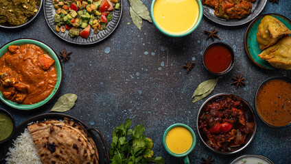 Indian ethnic food buffet on concrete table from above: curry, samosa, rice biryani, dal, paneer, chapatti, naan, chicken tikka masala, mango lassi, dishes of India for dinner background copy space