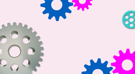 Abstract image. Set of gear wheels relative to the concept of CREATIVE MEETING, team solution, evolution or TEAMWORK. 3D ILLUSTRATION. Pale pink fund.