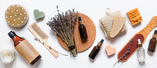 Flat lay care box composition.Eco friendly beauty cosmetics set for relaxation,mental...