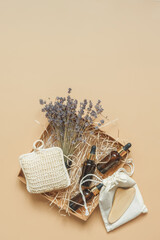 Flat lay care box composition.Eco friendly beauty cosmetics set for relaxation,mental health.Natural cosmetics.Gift box,wellness