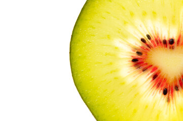 Red kiwi fruit berry half slice macro on white background