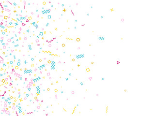 Memphis style geometric confetti background with triangle, circle, square, zigzag and wavy line