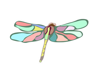 Bright multi-colored summer dragonfly with rainbow wings, vector illustration, flat drawing of an insect, not traced, for the design of prints, stickers, patterns, decorative products