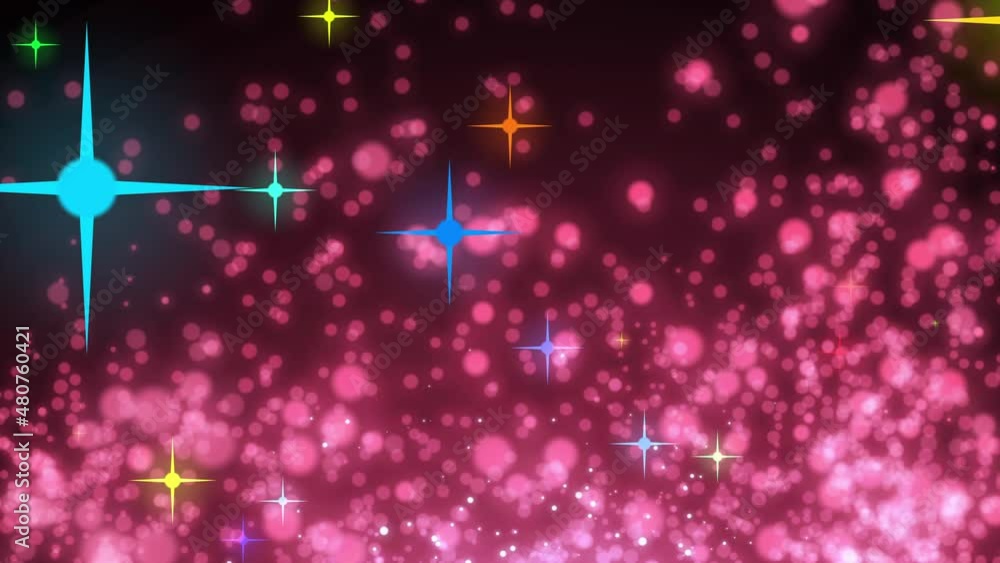 Poster abstract multi-colored stars against the background of red flying fire particles in the form of a ba