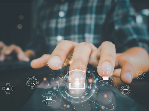 Business man pressing Icon Download. Digital marketing media (website ad, email, social network, SEO, video, mobile app).Business online shopping concept.ecommerce concept.