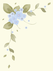 blue flowers with leaves, watercolor, for the design of postcards, invitations and other purposes, forget-me-nots