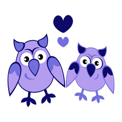 two owls in love with hearts. Cartoon birds. Pastiche. Children drawing