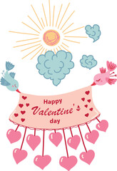 Flying birds in the sky hold a banner with the inscription happy Valentine's Day with hearts.
