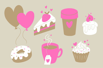 Set of cute illustrations for Valentine's Day cards design: strawberry cake, coffee cup, candle, balloons, donut, a cup of tea, cupcake with heart elements.