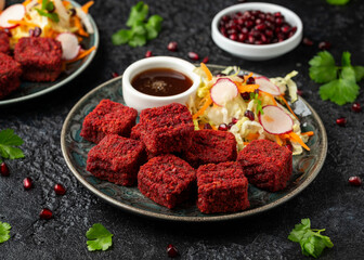 Beetroot and hazelnut bites with pomegranate glaze, vegetarian, vegan party finger food