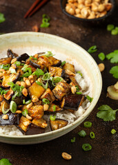 Asian Eggplant with rice, peanuts and spring onion. Healthy food.