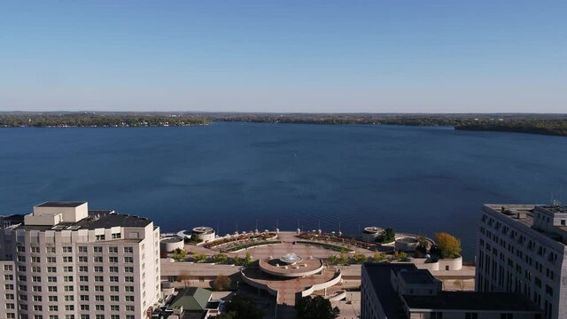 Drone Over Downtown Madison Flying Towards Lake Monona (Push In)