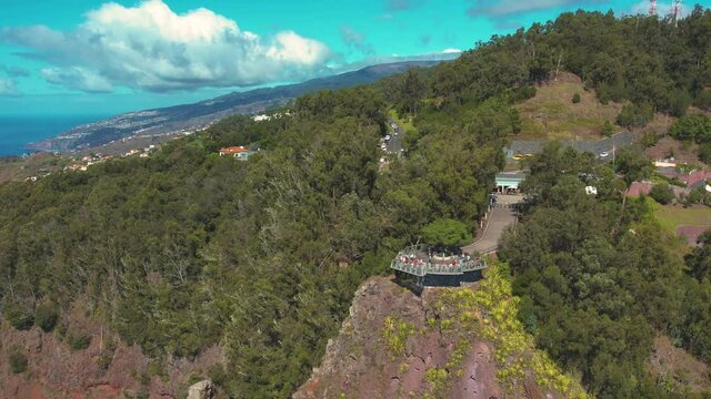 Aerial 4K footage of a drone flight over Cabo Girao in the island of Madeira. The observation view balcony with glass floor with the elevation of 580m
