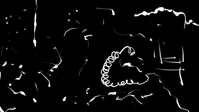 Animation with white squiggles, roughness, scratches, springs, texture. Art effect for overlay and abstract back. Stock 4k doodle video motion elements with alpha channel. Chalk rough handwriting.