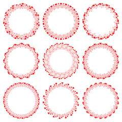 Vector set of round romantic love frames with red hearts for valentine's day