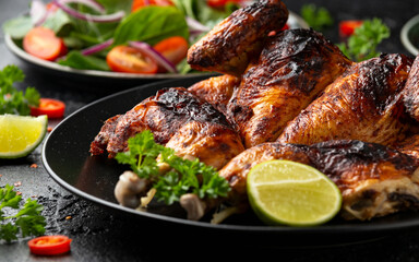 Roast Chicken Tabaka with salad, corn and lime on black plate.