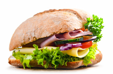Sandwich with cheese and ham and fresh vegetables over white