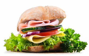 Sandwich with cheese and ham and fresh vegetables over white