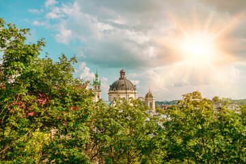 Beautiful landscape view of old town lviv city center on sunset. Lviv region, Ukraine, Europe