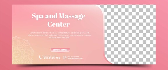 Spa, massage, beauty horizontal banner template. Gradient pink color background with place for the photo.  