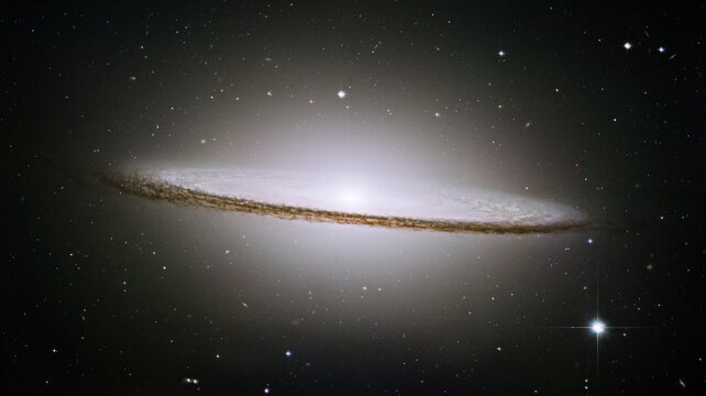 The Sombrero galaxy, Messier 104 (M104) from Hubble telescope. The galaxy's hallmark is a brilliant white, bulbous core encircled by the thick dust lanes comprising the spiral structure of the galaxy.