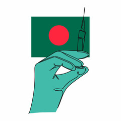 Continuous one simple single abstract line drawing of hand holding vaccine vaccination in Bangladesh icon in silhouette on a white background. Linear stylized.