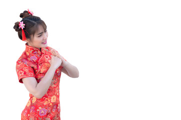 Portrait beautiful asian woman in Cheongsam dress on white background,Thailand people,Happy Chinese new year concept,Happy  asian lady in chinese traditional dress