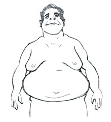 Fat man. Body positivity, human health. Ink drawing.
